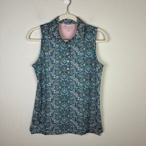 Peter Millar Women's Golf Polo Size S Sleeveless Blue Paisley Print Flip Collar